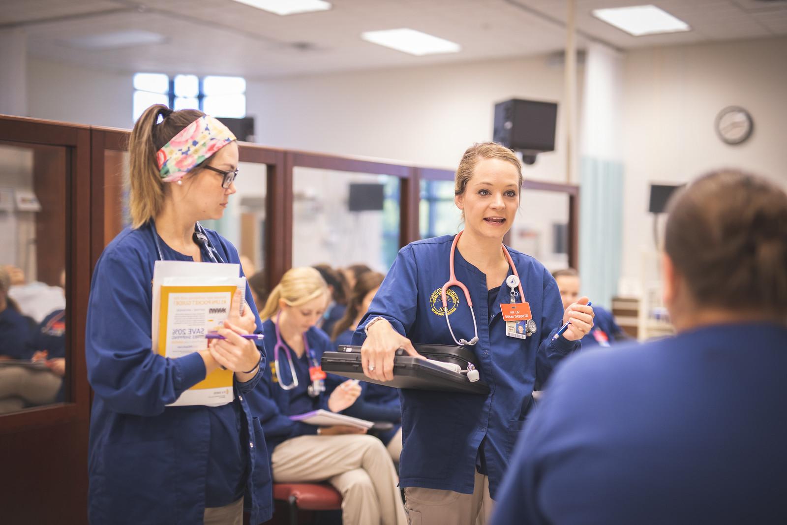 A small group of nursing students in the virtual hospital at Vincennes University Jasper